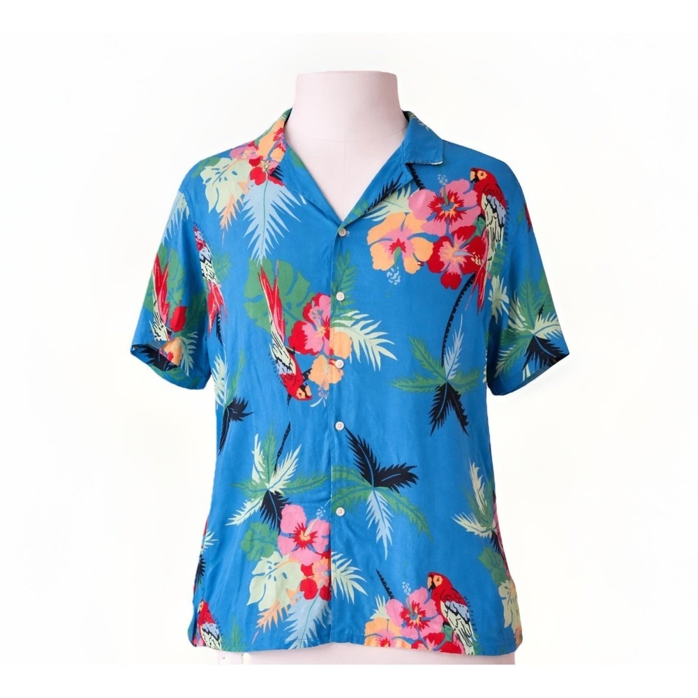 Tommy Hilfiger Tropical Island Shirt Men L Blue Hawaiian Button Down Vacation